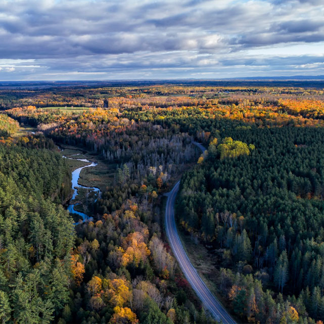 An aerial photo of the Ottawa Valley in the fall