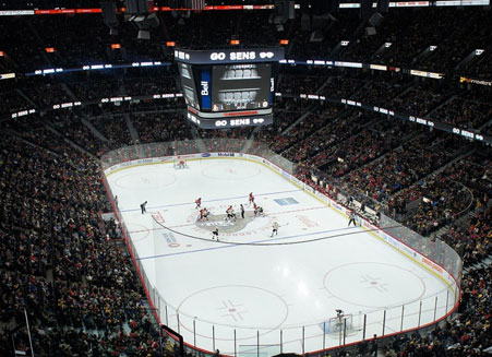 A full crowd at a hockey arena